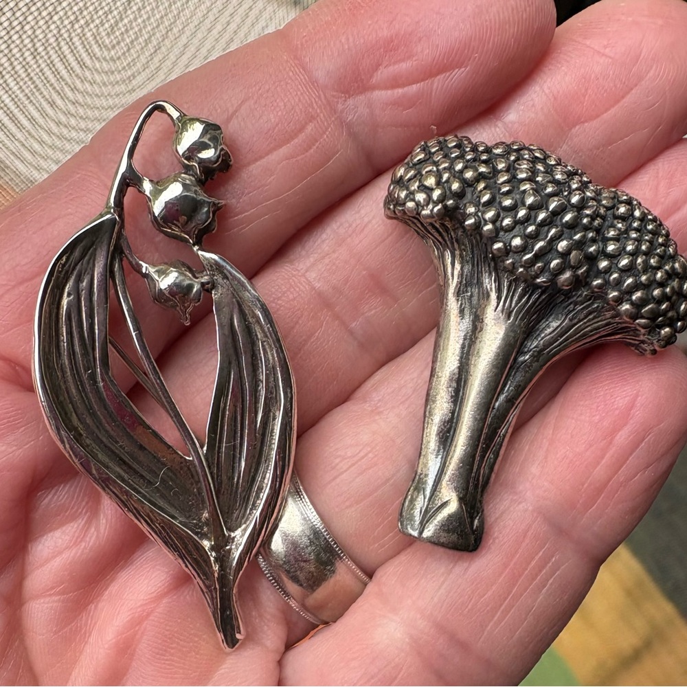JH Breakell Vintage Lilley of the Valley and Broccoli Sterling Silver Brooches